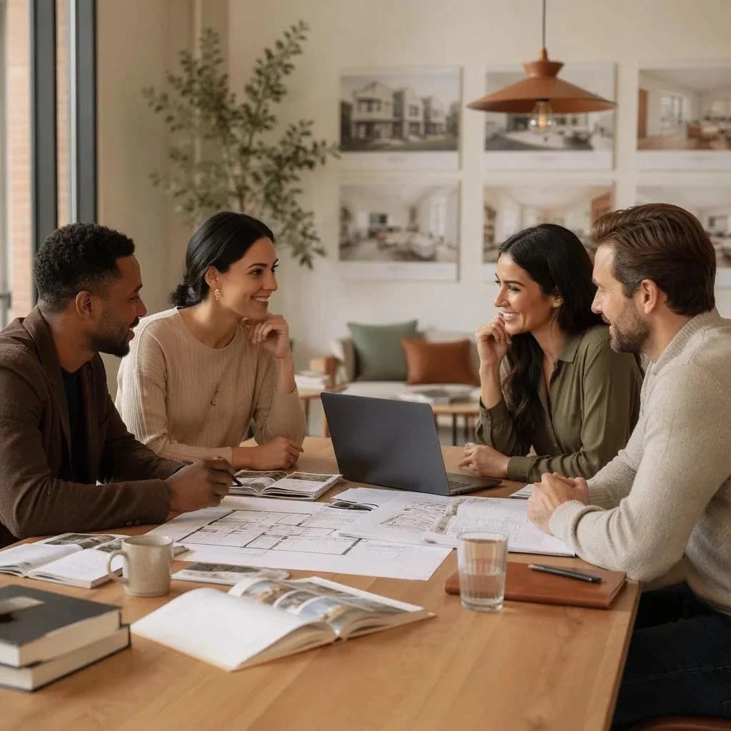 Real estate professionals collaborating in a warm minimalist brokerage office